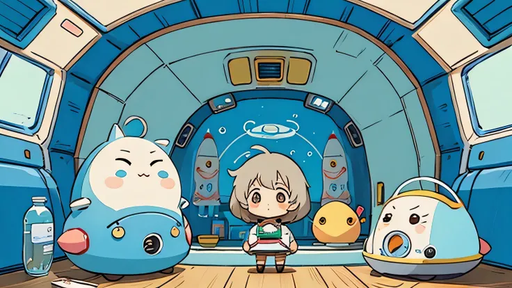 Hayao Miyazaki style、Kawaii Design, most beautiful girl ever、chibi, ((Inside the spaceship)))、Cute Aliens