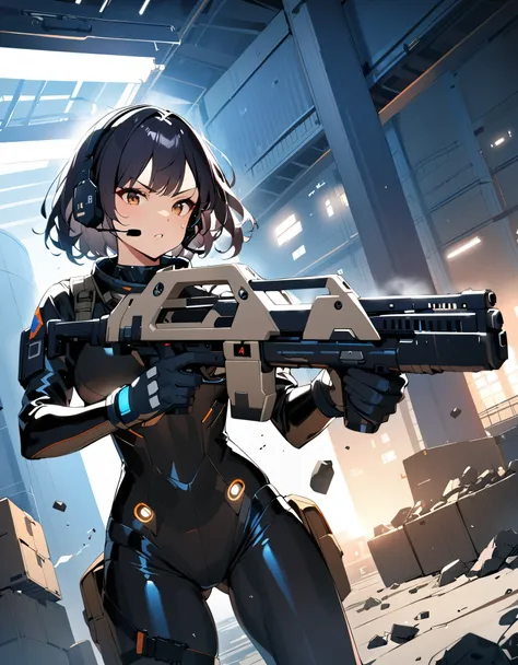 1girl, solo, short hair, black hair, brown eyes, skintight, astronaut, black leatord, tactical gear, gloves, headset, sweat, ser...