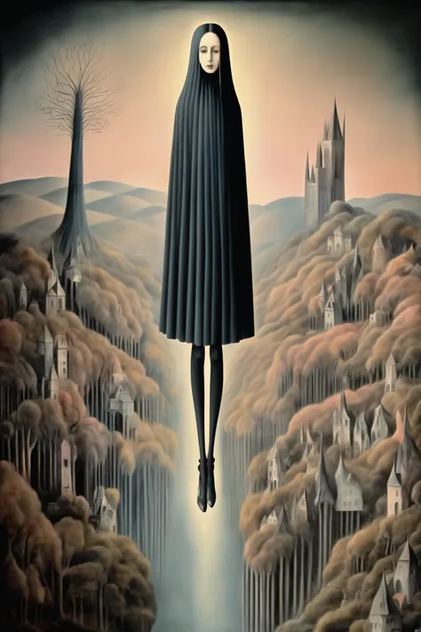 Remedios Varo style - Osman, Very long legs, black and straight hair, The ghost is flying, light with faint blue and pink tones, In the Valley of Magic