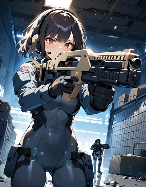 1girl, solo, short hair, black hair, brown eyes, skintight, astronaut, black leatord, tactical gear, gloves, headset, sweat, serious expression, holding gun, m41apls, aiming, trigger discipline, dutch angle, indoors, warehouse, dark, night, debris, backlig...