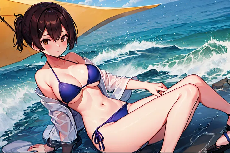 Beautiful illustration、top-quality、Kaga_kantaicollection
brown_hair, Side_Ponytail, brown_Eyes, Short_hair, (big_breasts:1.5) long_hair、Blue Bikini、 coast_landscape,(abs:0.5),navel,solo,(light_smile:0.6),(solo:1.5)。sandals,