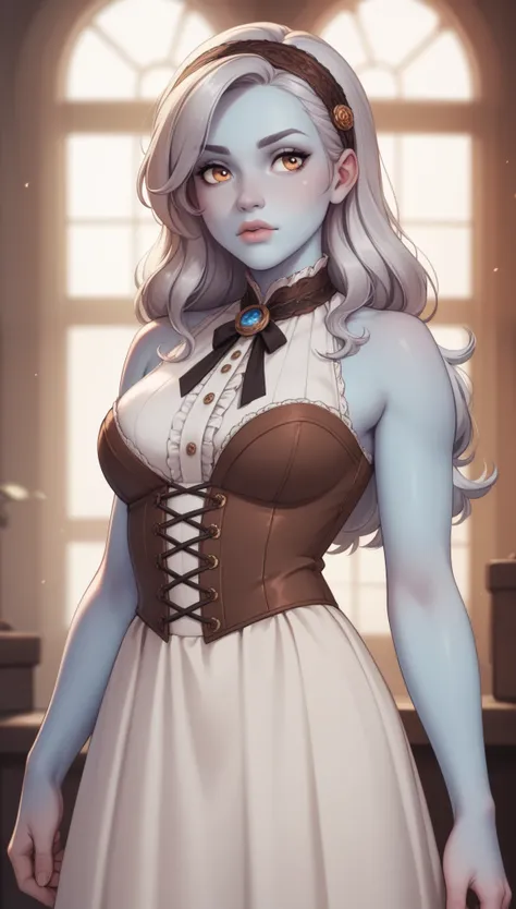 Masterpiece, best quality, hand-drawn style, lots of details, high quality, right shadows and ligh, female character age 35 years, azure-blue skin, oval face, round face, silver hair, long hair, oval brown-amber eyes, straight nose, snub nose, rising thin ...