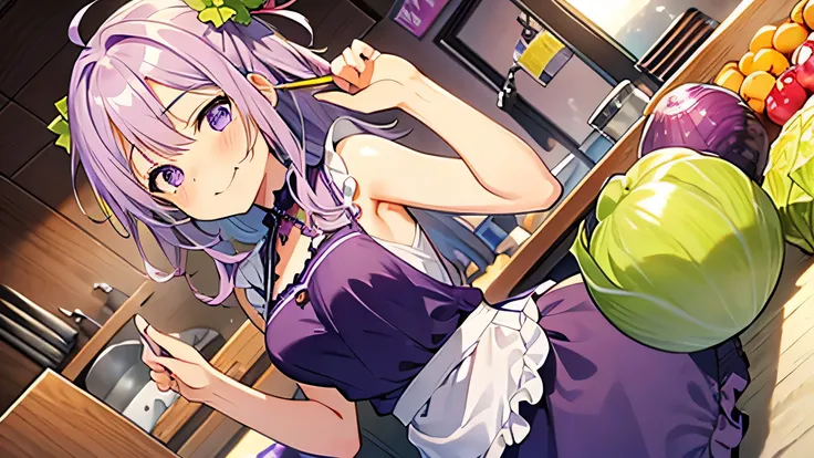 vegetables、cabbage、Purple onion、たくさんのcabbage、たくさんのPurple onion、Girl、tits、Purple apron、White Hair、Marinade、eat、Happy、Blushing、