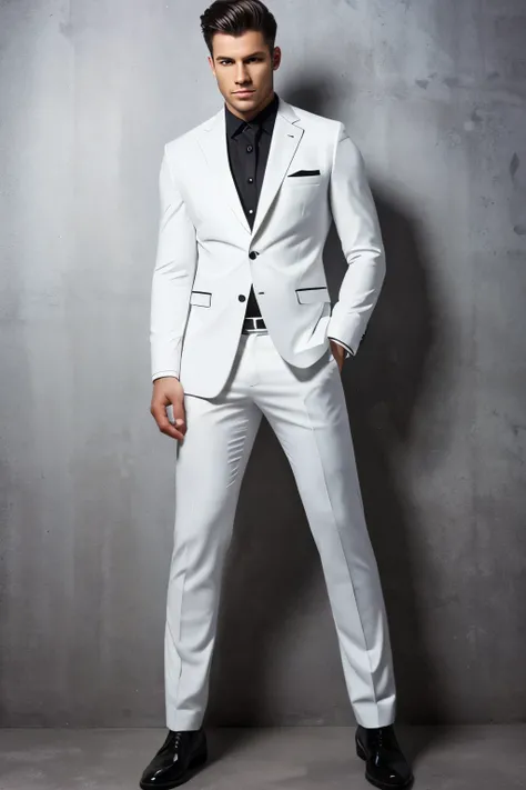 Create an image of a man in a white suit with a black shirt underneath