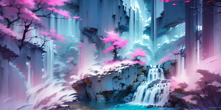 Dessinez un poster dun village, dans le style lofi, décoration féérique, cascade de lumière, grotte, stalagmites, stalactites, champignon, cristaux, la nuit, belle palette de couleurs varié, couleurs saturées vibrantes, œuvre dart, aucun humain, thème lumi...