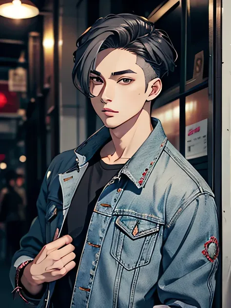 anime handsome man, stylish korean hairstyle, vintage gray denim jacket with embroidery