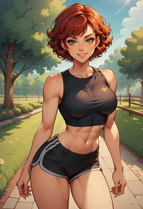 A 2d short and skinny thin young girl standing at park at nighttime on black shirt and black sport shorts, toned stomach, short curly red hair, green eyes, gorgeous face with beautiful little breasts, looking at viewer, love exprassion with kind smile, fre...