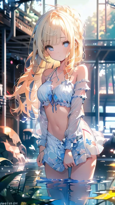 leaning forward,Art by Cornflower, Dreamy (Petite girl with beautiful detailed eyes. The depth of field in the photos is perfect, Lens flare adds a nice touch, {{side breasts:2}}}, barechested、barechested、Open your clothes,,a blond、falls、waterside、