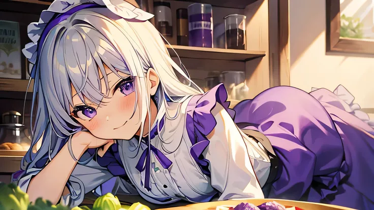 cabbage、Purple onion、たくさんのPurple onion、たくさんのcabbage、Girl、Frills、Green and purple apron、tits、White Hair、Marinade、eat、Blushing、