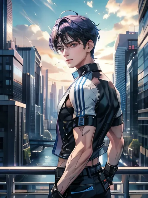 Describe the striking features of the Korean boy in sharp HD graphics, with his piercing blue eyes and chiseled jawline, wearing a stylish, modern outfit that accentuates his lean physique. His short, violet hair is styled in a contemporary way, giving him...