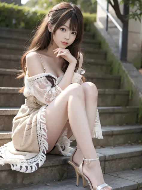 photo-realistic quality、a 25-year-old japanese female model sitting on the stairs with her hand on her chin., white lace dress、b...