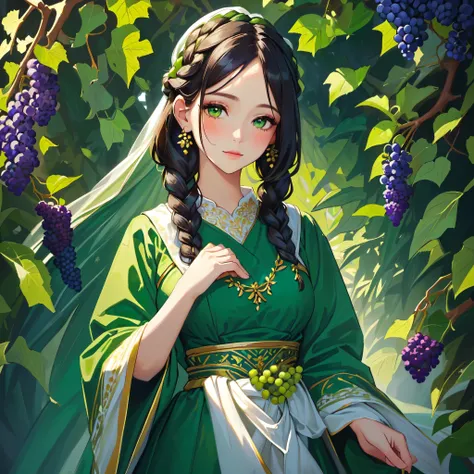 Painting of grapes and bunches of grapes swaying in the background, portrait of one woman with white flowers braided into her hair, she is very beautiful in a dark green dress, her eyes are very finely drawn, lush green background, bright lighting