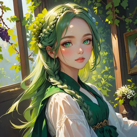 Painting of grapes and bunches of grapes swaying in the background, portrait of one woman with white flowers braided into her hair, she is very beautiful in a dark green dress, her eyes are very finely drawn, lush green background, bright lighting