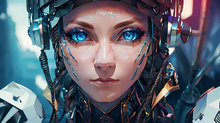 A woman with striking blue eyes, detailed facial features, long eyelashes, in a dark and colorful gaming environment, high quality 8K detailed rendering, cinematic lighting, dramatic, fantasy, digital art, concept art, hyperrealistic