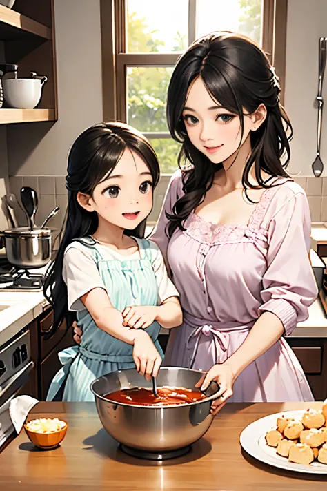 Animation style, high quality.
A  making sweets with her mother.
Bright kitchen. She sticks a whisk into a bowl.