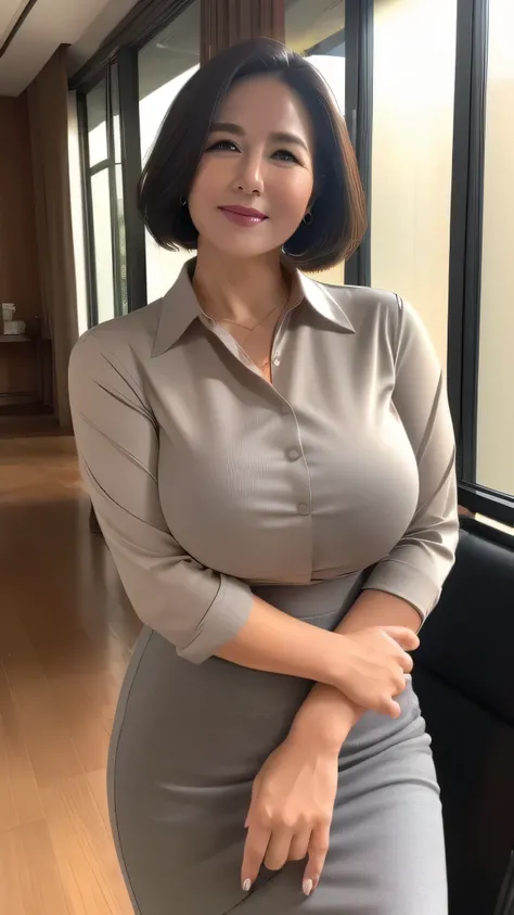 ((best quality, 8K, masterpiece, image: 1.3)), (Observe the audience), (panoramic:0.85), 魅力的なMature woman, 1 person, a little fat:0.35,　Light Brown，Medium length、 ((White collared shirt)),((Gray tight skirt))、((Large Breasts:1.1)) (Large pelvis:0.8), , Smi...