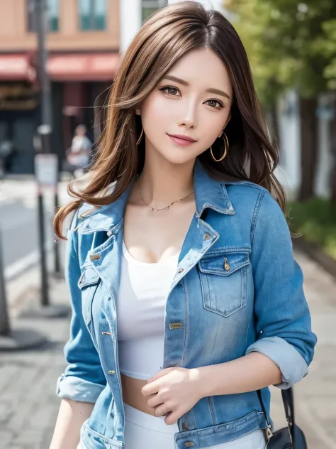 masterpiece, Highest quality, High resolution,alone,Brown Hair, Small earrings,long hair, outside,artistic,An illustration,Line art,Aqua Eye,morning,Best lighting,sun,casual,Large Breasts,Cleavage,watercolor,Beautiful Face,expensive,sexy,Woman wearing a ja...