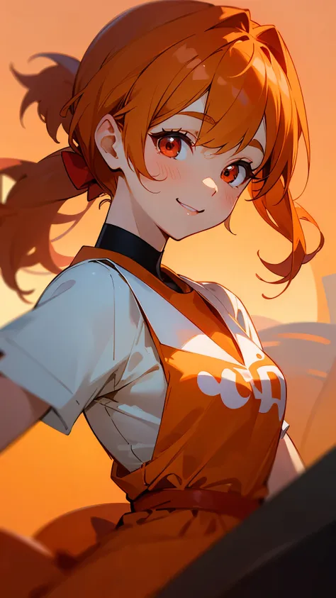 1 Young Woman、solo、Orange blouse shirt、Orange Hair、Side Ponytail、Beautiful red eyes、A gentle gaze、smile、Upper body close-up、Shrimp mascot、Delicate contours、Park under the moonlight、Background Blur