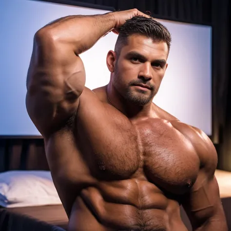 a macho man with crew cut, huge muscular body, Thick eyebrows, 45 years old, close-up bust, transparent skin, hairy body, armpits, tanned skin, (best quality, 4k, 8k ,masterpiece:1.2), (realistic,photorealistic:1.3),studio lighting, ultra-fine painting, sh...