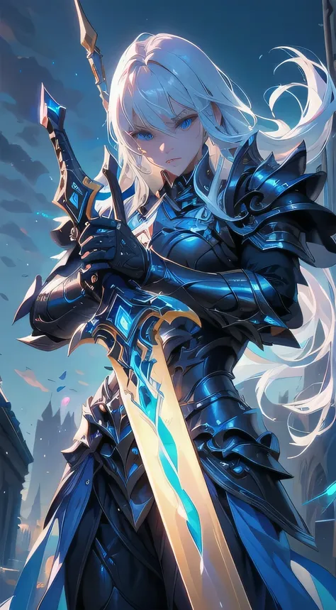 "An awesome paladin wields a sword full of light, Exudes powerful light magic. Set in a dark and mysterious cityscape, Illuminated by the light of the Paladins Sword. The blood spread on the Paladins Sword. The composition is professionally crafted, Amazin...