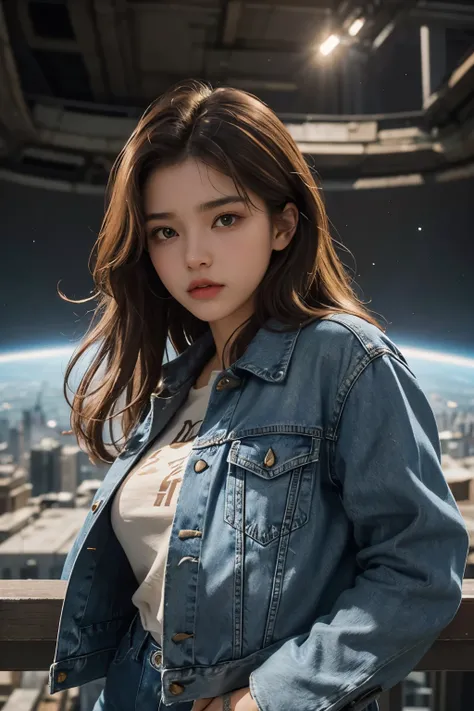 A beautiful woman. Light brown hair. she is eighteen years old. She is looking at the camera with a defiant expression. Upper body close-up image. She wears blue jeans as a jacket. In the space behind the woman is a destroyed city, and a gigantic dragon da...