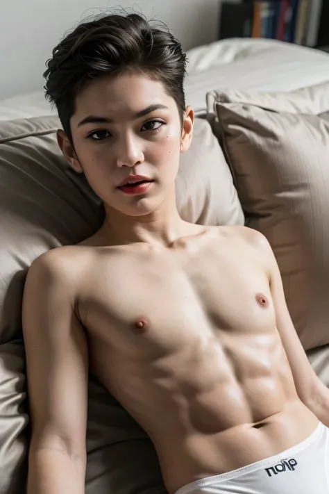 ((Youngest Boys:1.3)), Spread, ((details nipples:1.34)), ((SLEEPING LIE DOWN FEMBOY)), (((SAD FACE EXPRESSION:1.1)), ((NECK LACE)), ((GOTHIC EYELASHES & LIPS)), ((LIPS)), ((MENS STYLE SHORTHAIRCUT)), adorable, 1 girl, (face to face), 10 years old, baby fac...