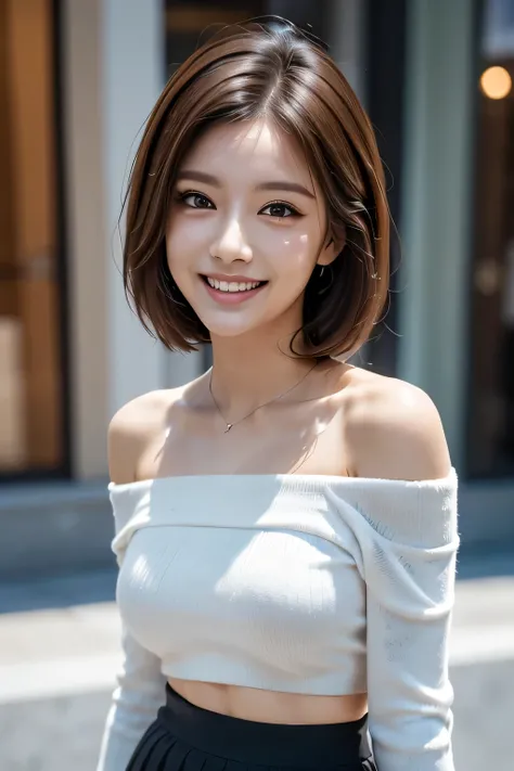 1 Beauty, ((White knit loose off-shoulder top, Tight mini skirt)), Beautiful Face, Beautiful Eyes, double eyelid, Long eyelashes, Thick mascara, Dark eyeliner, grin, Brown Skin, Brunette Bob, Cheeky look, Redness on the cheeks, Raise the corners of the eye...