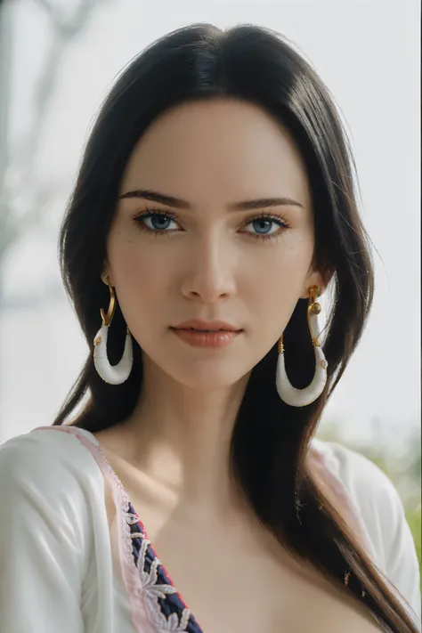 ultra realistic 8k cg, (white background, delicate pattern, intricate detail, highly detailed, fine details), best quality, (photorealistic:1.4),beautiful lighting, absurdres, RAW photo, film grain, ((big breasts, slim girl, close-up, portrait)), NicoRobin...