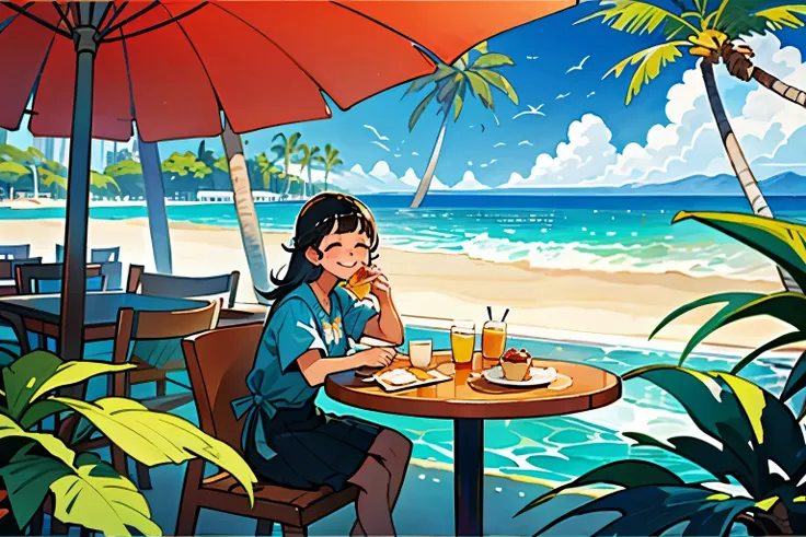 Hawaii、Stylish cafe、Eating pancakes、smile、The sea is outside the window.、Palm Tree