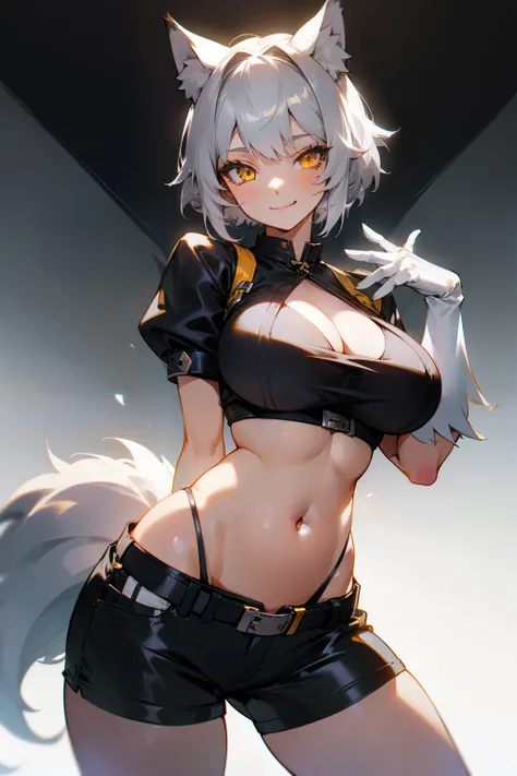 Cute girl, werewolf, short silver hair, yellow eyes, smile, wolf ears, wolf tail, wolf outfit, white gloves, large breasts, exposed belly, short pants, black belt