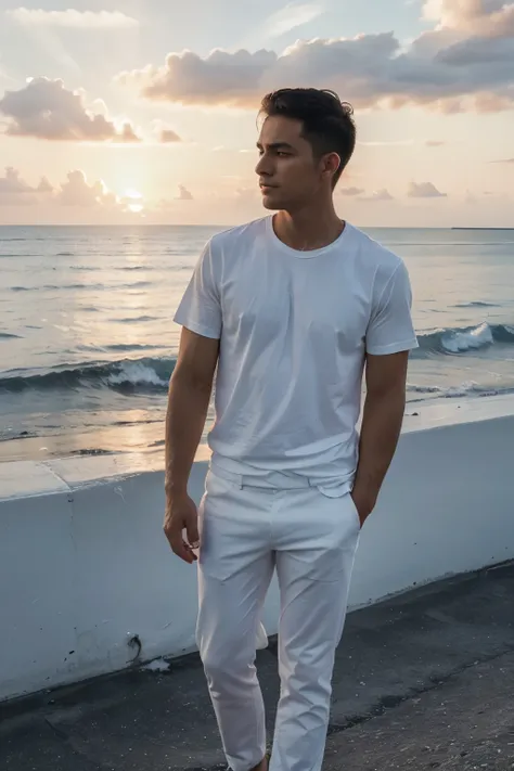 a man looking at the sunset by the sea, his face is white, wearing white shirt and black pants, 29 years old, far from the sea, 