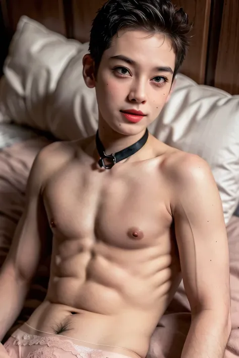 ((Youngest Boys:1.4)), Spread, ((details nipples:1.34)), ((SLEEPING LIE DOWN FEMBOY)), (((SAD FACE EXPRESSION:1.1)), ((NECK LACE)), ((GOTHIC EYELASHES & LIPS)), ((LIPS)), ((MENS STYLE SHORTHAIRCUT)), adorable, 1 girl, (face to face), 10 years old, baby fac...