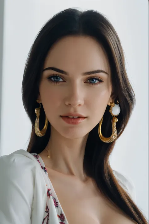 ultra realistic 8k cg, (white background, delicate pattern, intricate detail, highly detailed, fine details), best quality, (photorealistic:1.4),beautiful lighting, absurdres, RAW photo, film grain, ((big breasts, slim girl, close-up, portrait)), NicoRobin...