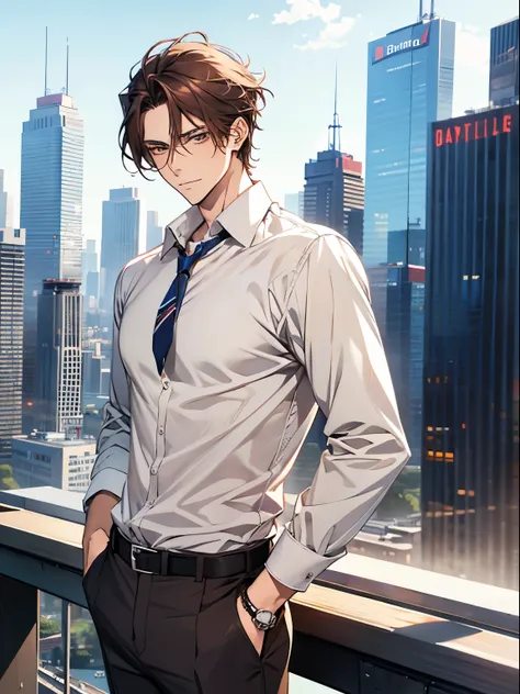 Anime Sexy man, dark hair, white office shirt, trousers, on the top of a skyscraper