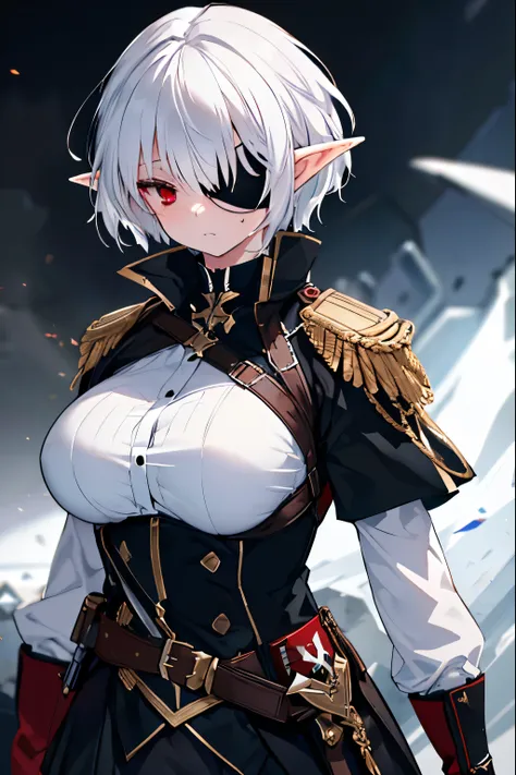 1girl, elf, white hair, clear skin, ((large breasts)), short hair, red eyes, (cool), ((eyepatch)), (single eye), black military ...