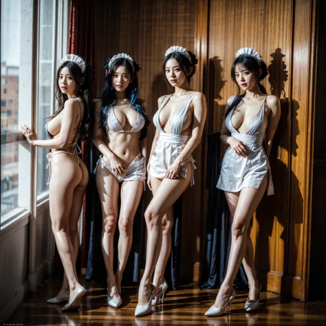 (Full Body of Extremely Detailed((Sexy Maid Group in a row:1.37))), KAWAII perfect face, Reflective Eyes, Detailed(Delicate Clothing textures), Correct Leg Line, Dynamic Joyful Expressions LifeLike Rendering, Specular Reflection, TopQuality 8K Ultra-detail...