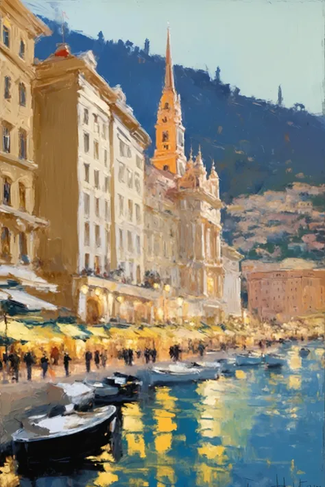 Konstantin Korovin style - Oil painting of the beautiful cityscape of downtown Monaco. Calm colors. Artwork by Abbott Henderson Thayer.