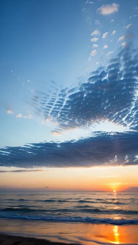 Crystal-clear sea against a blue sky with white clouds, at before sunrise, (blue-Hour light: 1.3)