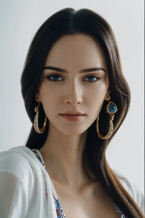 ultra realistic 8k cg, (white background, delicate pattern, intricate detail, highly detailed, fine details), best quality, (photorealistic:1.4),beautiful lighting, absurdres, RAW photo, film grain, ((big breasts, slim girl, close-up, portrait)), NicoRobin...