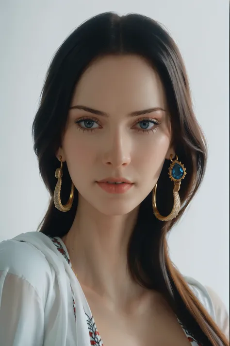 ultra realistic 8k cg, (white background, delicate pattern, intricate detail, highly detailed, fine details), best quality, (photorealistic:1.4),beautiful lighting, absurdres, RAW photo, film grain, ((big breasts, slim girl, close-up, portrait)), NicoRobin...