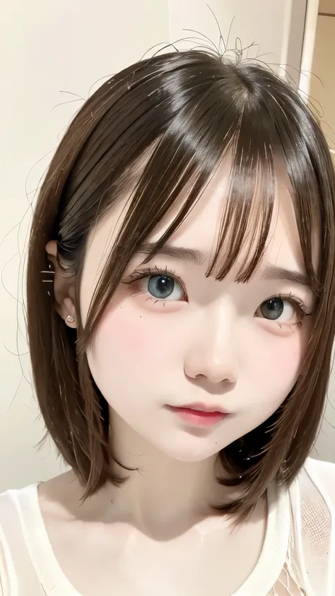 cute, (Black Hair、White mesh), ((Short Bob)), Perfect Face, An innocent smile, Upper Body,(blue eyes), (Yan), (small), (thin), ((Flat Chest)), ((Only 16)), Skin dentition, Very detailed, Attractive oval face, Red lips, pink, Glowing Skin, Thin Hair, Face F...