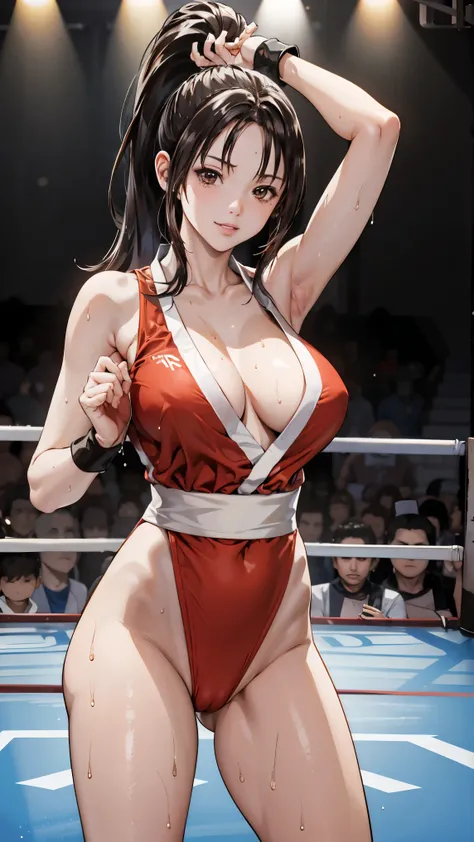  men and women ,expensive,170cm、  (Boxing Ring、Spotlight、Large crowd、Stadium), 、(Confident々Face、smile)、Long Hair、They hesitate,Sweaty body、Wet Hair,  Underarm, Big Breasts , (expensive色彩彩度:1.0),  (Very detailed肌), (Highest quality:1.0), (Ultra-high resolut...