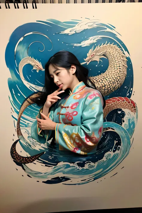 {{{{{illustration}}}}},by Yuko Shimizu,1girl,chinese dragon,chinese girl,female focus on, {{color Ink wash painting}},{{ink splashing}},{{color splashing}},{{{colorful}}},{{sketch}}, Masterpiece,best quality, beautifully painted,highly detailed,
