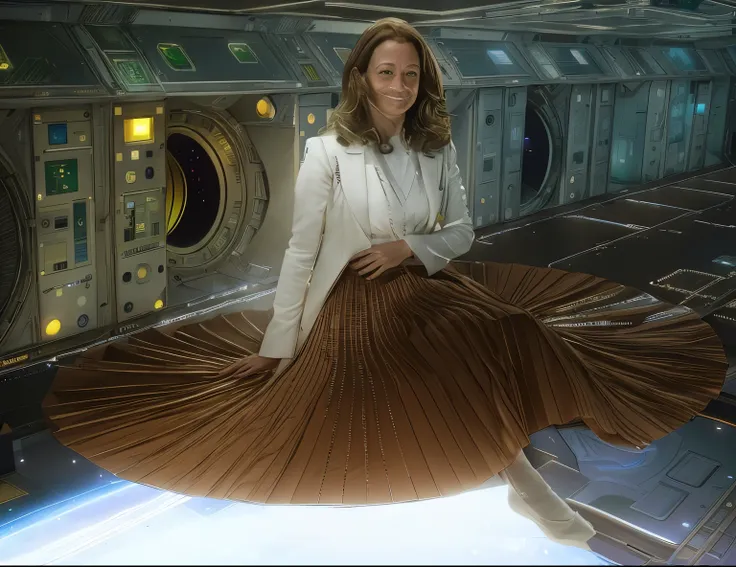 85mm photograph of a Shy, Compassionate, kind, empathic, happy, long haired, beautiful and attractive woman, Sapphic Space Lesbian Kamala Harris is fixing spaceships, lifting skirts, exploring space, investigating anomalies, doing scientific R&D, attending...