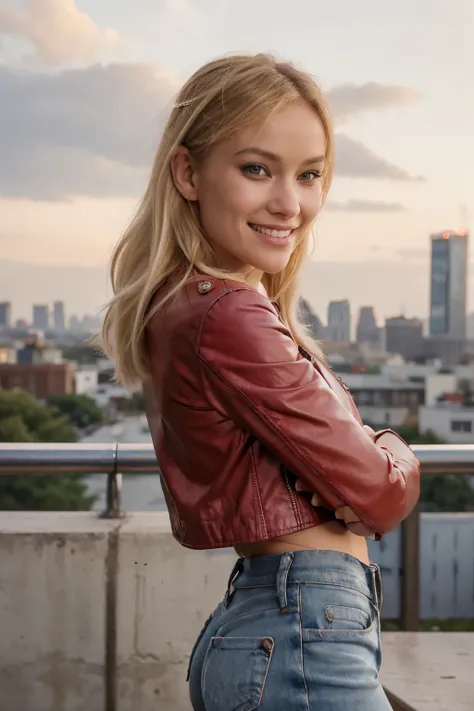 Blonde hair, blonde girl, straight nose, small nose, makeup, lipstick, toothful grin, smiling, smile, Photo from a lower angle, fashionable, Fashion photography, politically correct,
a woman wearing leather jacket red, a White T-shirt and ripped jeans, c...