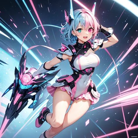 (heterochromia:1.3), 1 girl、(solo:1.3), cyber、cyber suits、15 years old、Light blue hair、Curly hair、Short Hair、(Light blue right eye:1.5)、(Pink left eye:1.5)、smile、Flushing、Open Mouth、leotard、mini skirt、Gauntlet、boots、Exposed legs、cute、cute、fine、Highest qual...