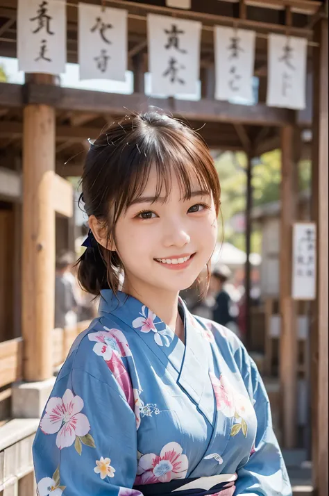 ((Top Quality)), ((Masterpiece)), (Familiar), Perfect Face, Smile, Japanese, 19 years old, Chubby, Girl, Cute, Mikoshi, Yukata