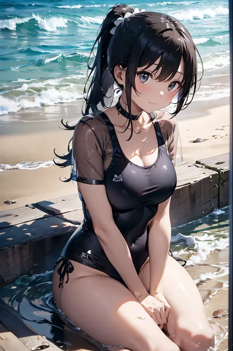 4K, Gazing up at the、a detailed scene。A deserted beach scene with a vast expanse of clear blue sea and white sand。At the center is、She is standing with a ponytail, her whole body visible.。She is wearing a cute swimsuit and、has a relaxed expression as she g...