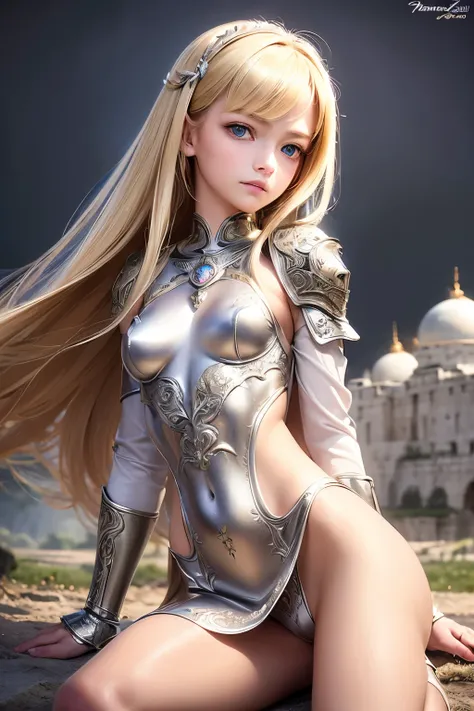 masterpiece,Highest quality,Very detailed,Photorealistic,High Fantasy,Pretty Girl Rider,Beautiful blonde,Silver metallic armor with intricate decorations,gem,Soft lighting, 15 years old girl,Perfect Face,Beautiful and detailed eyes,Big bright eyes,Beautifu...