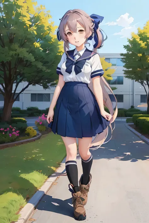 anime girl in a school uniform walking down a sidewalk, anime visual of a cute girl, beautiful anime high school girl, kantai collection style, full body portrait of a short!, made with anime painter studio, in anime style, anime moe artstyle, young anime ...